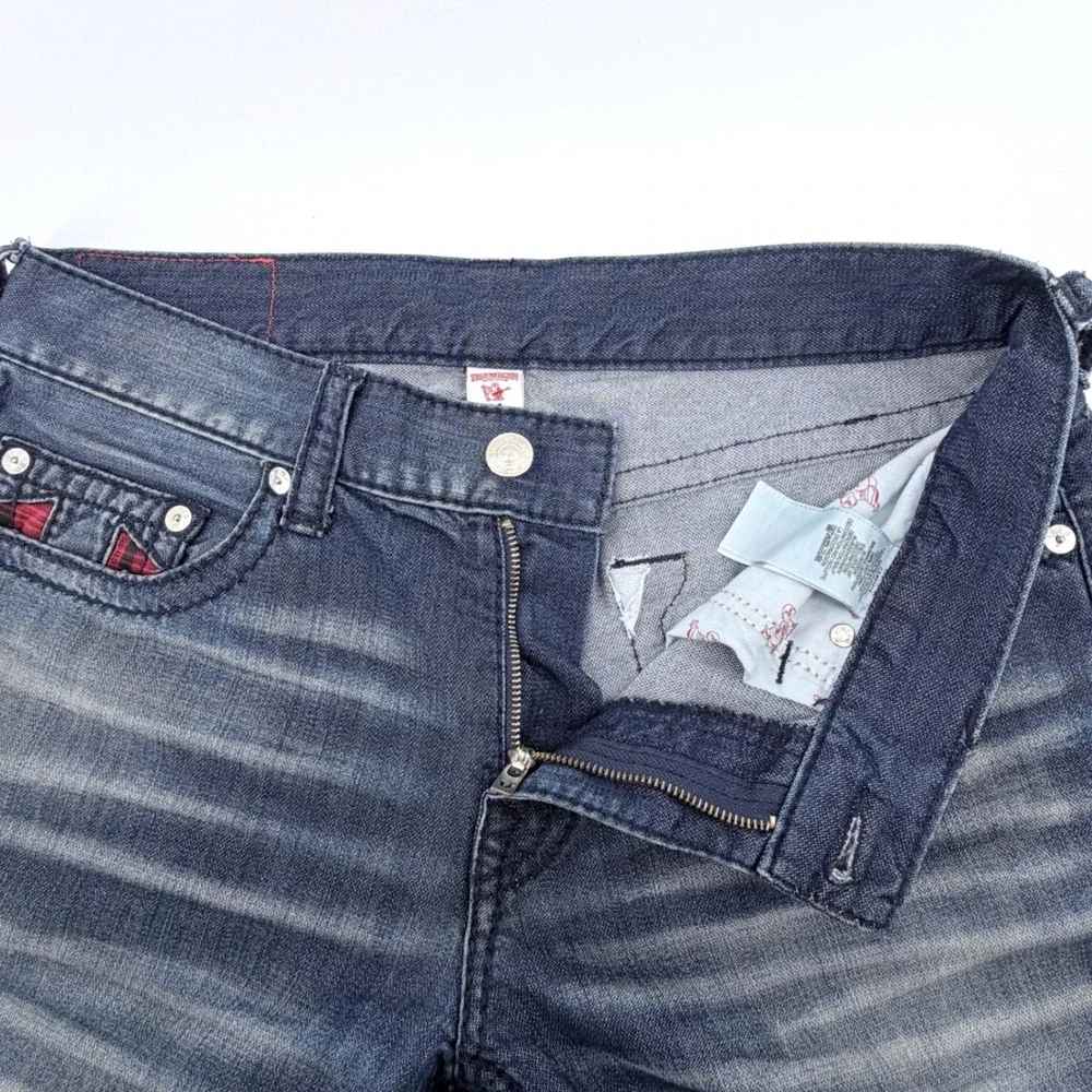 True Religion Slim Jeans Mens 34 Blue‎ Exc Faded Whiskered Red Plaid Straight